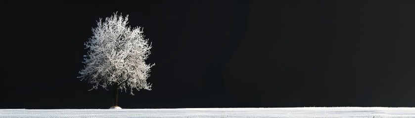 Minimalist snowscape, lone tree, essence of winter's quiet beauty, on black background