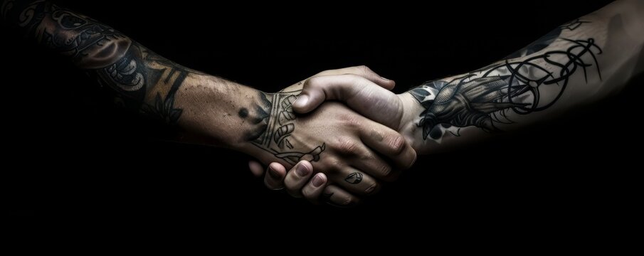 A secretive handshake, tattooed symbols on wrists, a pact of silence, on black background