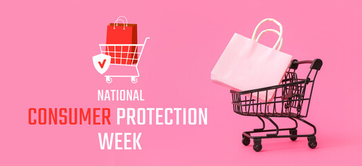 Small shopping cart with paper bag on pink background. Valentine's Day celebration © Pixel-Shot