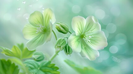 Fototapeta na wymiar A light green geranium, with two buds on the branch, three tender green leaves, crystal clear dewdrops, ultra-high-definition vision, realism, background blur 
