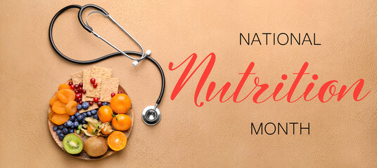 Plate with healthy products and stethoscope on color background