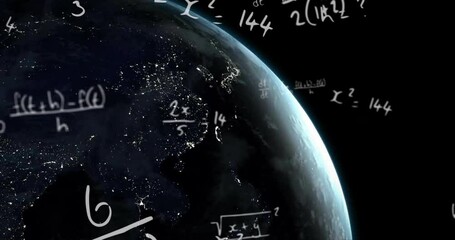 Animation of mathematical data processing over globe on blue background - Powered by Adobe