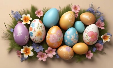 Colorful decoration easter eggs and flowers. Happy Easter holiday background