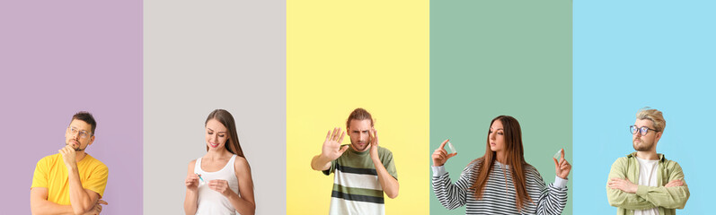 Set of people with glasses, eyedrops and contact lenses on color background