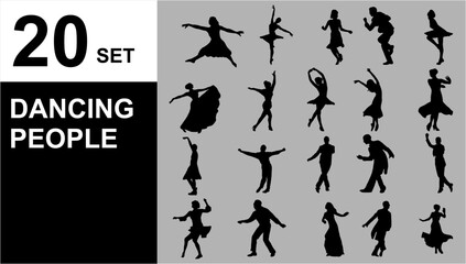 set of silhouettes of dancing people or male and female dancers, man and woman dancing