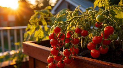 Cherry Tomato Plants on a Balcony Garden at Sunset