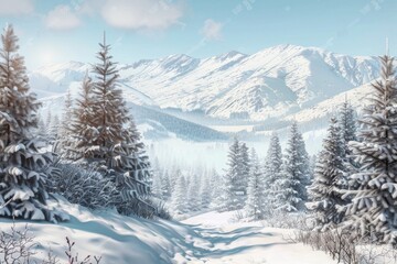 Temperate  Boreal forest, taiga, winter ,snow forest on the mountain scene of hill, Pine forest, fog, layers of hills, biome taiga landscape of Featured plants ,Fir, Spruce, hemlock, latch,Wide angle
