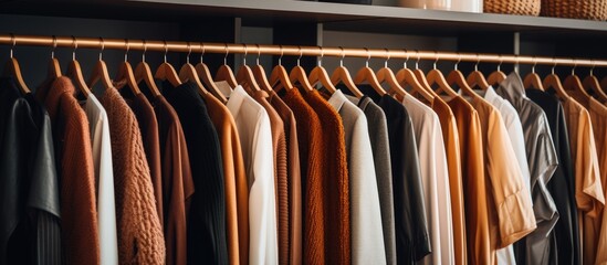 A collection of various shirts in different colors and styles is neatly hung on a modern metal rack in a room. The shirts are displayed in an organized manner,