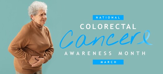 Awareness banner for National Colorectal Cancer Awareness Month with suffering senior woman