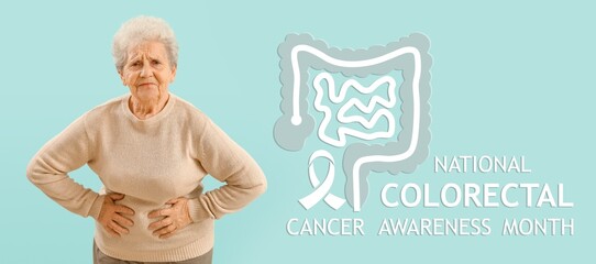 Awareness banner for National Colorectal Cancer Awareness Month with suffering senior woman