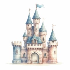 Fototapeta na wymiar Fairytale castle with turret, flag, and drawbridges. Wonderland. Isolated cartoon illustration on a white background for stickers. Set of houses. Children's theme. Clipart.