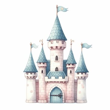 Fairytale castle with turret, flag, and drawbridges. Wonderland. Isolated cartoon illustration on a white background for stickers. Set of houses. Children's theme. Clipart.