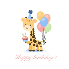 Happy birthday card with giraffe and frog. Vector illustration of a children's greeting card. © Olha