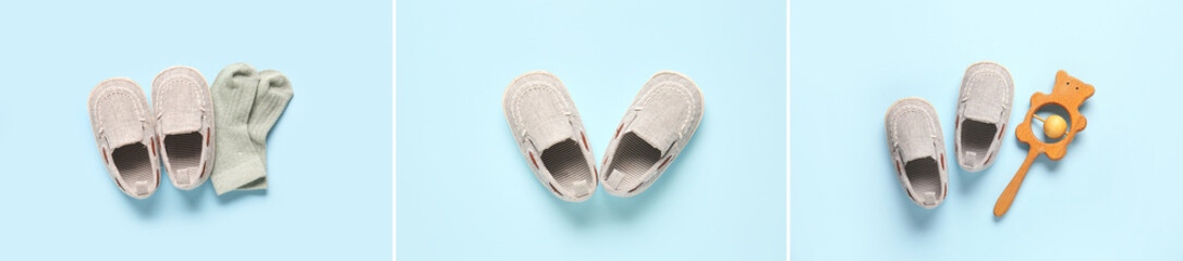 Collage of different stylish baby shoes with accessories on light blue background