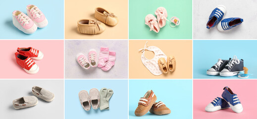 Collage of different stylish baby shoes with accessories on color background