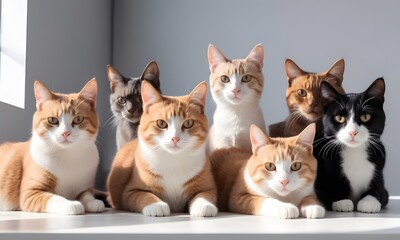 A serene group of seven ginger and grey cats sit closely, their calm postures reflecting a peaceful coexistence. The soft lighting highlights their gentle expressions and the warmth of their fur. - obrazy, fototapety, plakaty