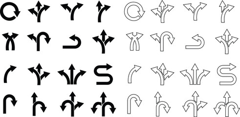Set of Road Traffic Direction Arrow way icons in flat styles editable stock. Choice, option, pathway, opportunity. GPS element symbols template for graphic and web designs on transparent background.