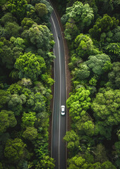 Aerial view of car travels through the calm forest road