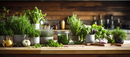 A modern kitchen table is covered with an assortment of potted green plants and herbs, creating a fresh and vibrant display. The wooden surface contrasts beautifully with the lush greenery,