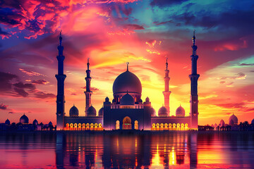 a mosque a colorful sky at sunset - obrazy, fototapety, plakaty