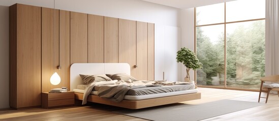 A bedroom featuring a wooden double bed, a chair, and a window. The room has a spacious interior with a large wardrobe and wooden flooring, showcasing a minimalist and simple style at home.