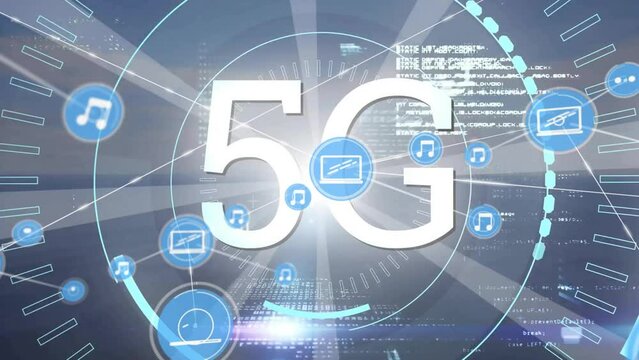 Animation of 5g text, financial data processing over network of connections