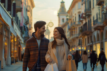 Obraz premium Happy couple shopping in Europe