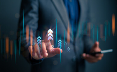 Businessman touching  arrow up growth graph circuit technology investment to success. financial data graph strategy. market chart profit money. Positive result on development hi tech business.
