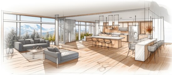 This drawing depicts an unfinished project of a modern living room and kitchen. The layout includes a sofa, dining table, potted plants, parquet floor, window, and panoramic balcony.
