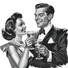 Black and white vector clipart from the 1950s Smiling man and woman raising a toast with cocktail glasses ad vintage stock image isolated white background PNG