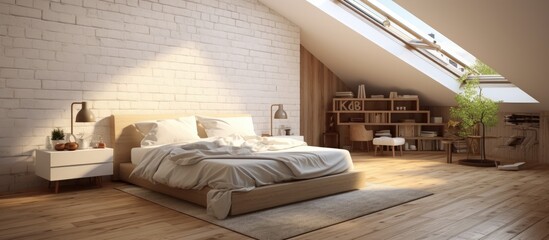 Obraz na płótnie Canvas A clean attic bedroom featuring a white brick wall and wooden floors. The room exudes a sense of simplicity and warmth with its minimalist design.