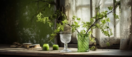 A collection of green vases sits neatly arranged on a window sill next to a window. The vases are filled with vibrant greenery, adding a pop of color to the room.