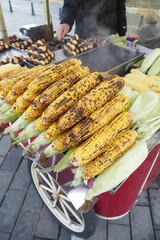 Yellow corn is baked or roasted on charcoal. Street food istanbul 