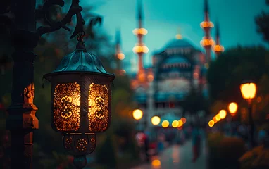 Foto op Plexiglas blue mosque with brightly lit lantern and tower © ginstudio