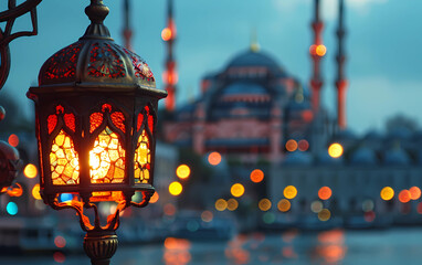 blue mosque with brightly lit lantern and tower