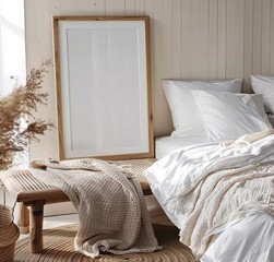 Poster Frame Mock-Up - Cozy Home Interior with Coastal Style Bedroom, Presented in 3D Render. Made with Generative AI Technology