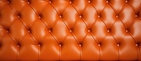 A detailed close-up view of an orange leather chair, showcasing its vintage design and scratched texture. The chair stands against a wall with a TV backdrop,