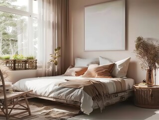 Poster Frame Mockup in a Farmhouse Bedroom Interior Background with Scandinavian Style, Presented in 3D Render. Made with Generative AI Technology