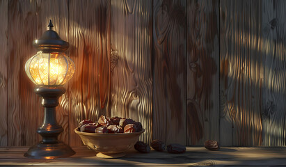a lamp and a bowl with dates on a wooden background