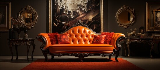 An orange couch is positioned in front of a painting on a wall. The furniture adds a pop of color...