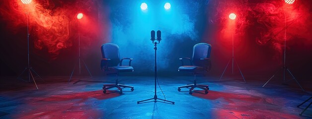 two chairs and microphones in podcast or interview room isolated on dark background. recording studio. - obrazy, fototapety, plakaty