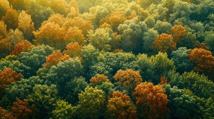 temperate deciduous forest, Autumn forest orange red ancient forest and pine carpet oak beech maple tree willow mysterious colorful leaves trees nature changing seasons landscape Top view background - obrazy, fototapety, plakaty