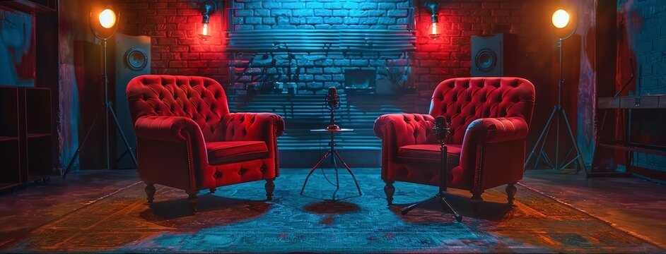 two chairs and microphones in podcast or interview room isolated on dark background. recording studio.