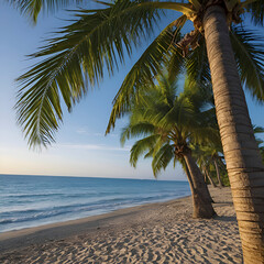 Beach with ocean landscape and palm trees. 