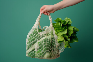 Obraz premium Hand Holding a Sustainable Mesh Grocery Bag with Fresh Green Lettuce on Eco-Friendly Green Background
