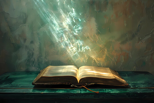 an open book with a light coming out