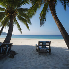 Fototapeta na wymiar Beach with ocean landscape and palm trees. 