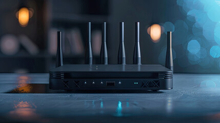 A powerful Wi-Fi router is on the desk in the office.