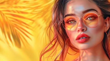 Obraz premium A beautiful girl with glasses in the shade of palm trees.