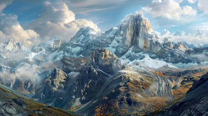 Mountain landscape at sunset. Panoramic view of the mountains.Beautiful alpine panoramic view of the Dolomites.